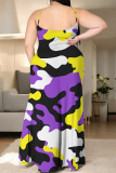 Yellow Green Gradient Camouflage Print U Neck Backless Sleeveless Side Slit Floor Length Vacation Baggy Sundress Slip Maxi Dress