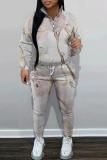 Navy Blue Floral Print Zipper Collar Long Sleeve Sweatshirt And Skinny Pants Casual Sportwear Two Pieces Sweatsuit Sets
