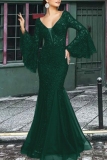 Elegant Formal Solid Embroidered V Neck Evening Dresses