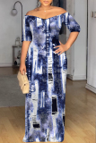 Dark Grey Faux Denim Print Off Shoulder Short Sleeve Loose Fit Vacation Maxi Dress