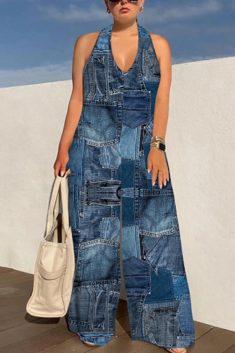 Dark Blue Faux Denim Print Lace Up Sleeveless Backless Loose Straight Leg Halter Jumpsuits