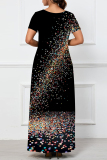 White Stripe Floral Print Long Sleeve V Neck Floor Length Casual Outing Plus Size Straight Loose Maxi Dress