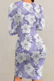 Orange Flowers Print O Neck Long Sleeve Ankle Length Causal Outing Bodycon Midi Dress