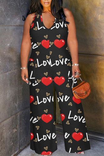Black Red Letters Love Print Lace Up Sleeveless Backless Loose Straight Leg Halter Jumpsuits