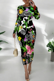 Dark Blue Floral Print O Neck Long Sleeve Casual Outing Vacation Bodycon Maxi Dresses