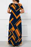 White Stripe Floral Print Long Sleeve V Neck Floor Length Casual Outing Plus Size Straight Loose Maxi Dress