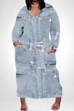 Denim Blue Faux Denim Print V Neck Long Sleeve Pokcets Vacation Loose Straight Fall Winter Maxi Dress