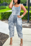 Gray Blue Faux Denim Print U Neck Sleeveless Pocket Loose Casual Cami Jumpsuits