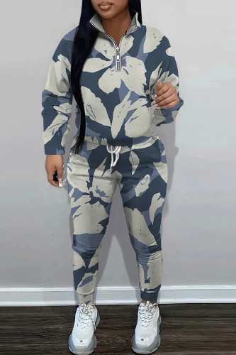 Navy Blue Floral Print Zipper Collar Long Sleeve Sweatshirt And Skinny Pants Casual Sportwear Two Pieces Sweatsuit Sets