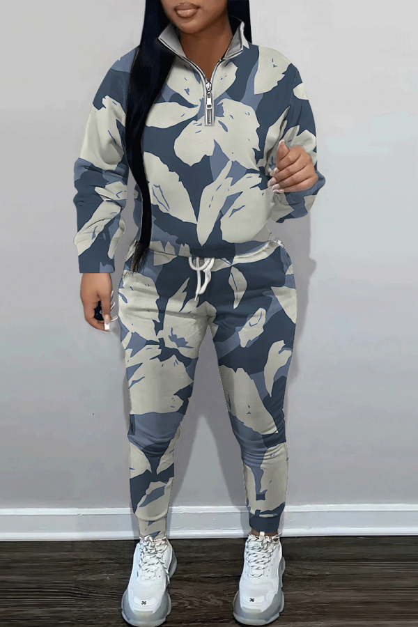 Navy Blue Floral Print Zipper Collar Long Sleeve Sweatshirt And Skinny Pants Casual Sportwear Two Pieces Sweatsuit Sets