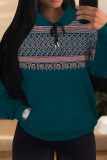 Black Geometric Print Long Sleeve Draw String Pocket Fall Winter Hooded Sweatshirt