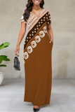 White Stripe Floral Print Long Sleeve V Neck Floor Length Casual Outing Plus Size Straight Loose Maxi Dress