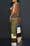 Beige Geometric Print Lace Up Sleeveless Backless Loose Straight Leg Halter Jumpsuits