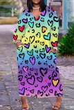 Black Flowers Love Print V Neck Long Sleeve Pokcets Vacation Loose Strsaight Fall Winter Plus Size Maxi Dress