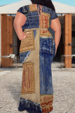 Blue Khaki Graphics Print V Neck Short Sleeve Lace Up Floor Length Plus Size Bodycon Maxi Dresses