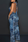 Dark Blue Faux Denim Print Lace Up Sleeveless Backless Loose Straight Leg Halter Jumpsuits
