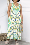 Blue Casual Geometric Floral Print Pocket Sleeveless V Neck Loose Vacation Wide Leg Cami Jumpsuits