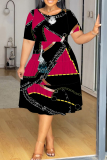 Red Green Colorblock Chain print O Neck Short Sleeve A Line Casual Outing Vacation Straight Loose Plus Size T Shirt Midi Dress