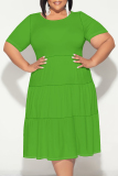 White O Neck Short Sleeve A Line Casual Outing Vacation Loose Plus Size Pleated T Shirt Midi Dress