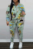 Navy Blue Floral Print Zipper Collar Long Sleeve Sweatshirt And Skinny Pants Casual Sportwear Two Pieces Sweatsuit Sets