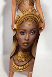 Silver Gray African Figure Print Casual High Waist Skinny Maxi Skirt
