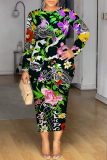 Dark Blue Floral Print O Neck Long Sleeve Casual Outing Vacation Bodycon Maxi Dresses