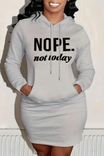Dark Green Letter Print Hooded Long Sleeve Casual Sweatshirt Mini Dresses