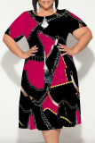 Red Green Colorblock Chain print O Neck Short Sleeve A Line Casual Outing Vacation Straight Loose Plus Size T Shirt Midi Dress