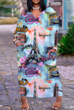 Orange Stripe Animal Print V Neck Long Sleeve Pokcets Vacation Loose Straight Fall Winter Plus Size Maxi Dress