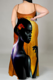 Black African Figure Print U Neck Backless Sleeveless Side Slit Floor Length Vacation Baggy Sundress Slip Maxi Dress