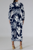 Dark Blue Floral Print O Neck Long Sleeve Casual Outing Vacation Bodycon Maxi Dresses