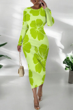 Rose Red Gradient Flowers Print O Neck Long Sleeve Ankle Length Causal Outing Bodycon Maxi Dress