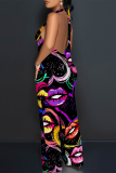 Black Red Letters Love Print Lace Up Sleeveless Backless Loose Straight Leg Halter Jumpsuits
