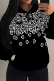 Black Geometric Print Long Sleeve Draw String Pocket Fall Winter Hooded Sweatshirt