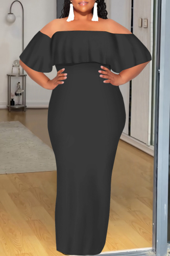 Black Ruffled Off Shoulder Short Sleeve Casual Outing Vacation Bodycon Maxi Dress