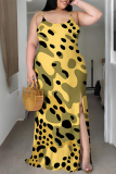 Yellow Green Gradient Camouflage Print U Neck Backless Sleeveless Side Slit Floor Length Vacation Baggy Sundress Slip Maxi Dress