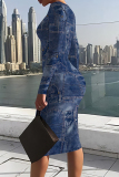 Blue Graphics Print V Neck Long Sleeve Ankle Length Causal Outing Bodycon Midi Dress