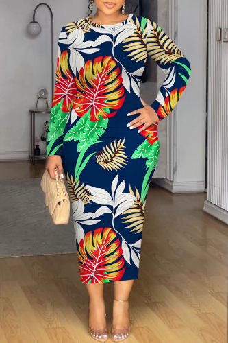 Dark Blue Floral Print O Neck Long Sleeve Casual Outing Vacation Bodycon Maxi Dresses