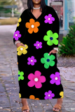 Black Flowers Love Print V Neck Long Sleeve Pokcets Vacation Loose Strsaight Fall Winter Plus Size Maxi Dress