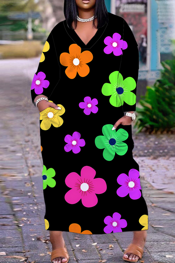 Black Flowers Love Print V Neck Long Sleeve Pokcets Vacation Loose Strsaight Fall Winter Plus Size Maxi Dress