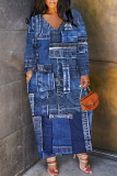 Denim Blue Faux Denim Print V Neck Long Sleeve Pokcets Vacation Loose Straight Fall Winter Maxi Dress