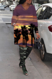 White Orange Casual Graphics Print Pocket V Neck Long Sleeve Straight Plus Size Midi Dresses