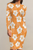 Orange Flowers Print O Neck Long Sleeve Ankle Length Causal Outing Bodycon Midi Dress