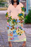 Orange Stripe Animal Print V Neck Long Sleeve Pokcets Vacation Loose Straight Fall Winter Plus Size Maxi Dress