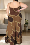 Yellow Green Gradient Camouflage Print U Neck Backless Sleeveless Side Slit Floor Length Vacation Baggy Sundress Slip Maxi Dress