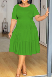 White O Neck Short Sleeve A Line Casual Outing Vacation Loose Plus Size Pleated T Shirt Midi Dress