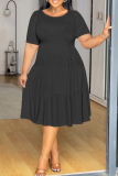 White O Neck Short Sleeve A Line Casual Outing Vacation Loose Plus Size Pleated T Shirt Midi Dress