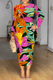 Dark Blue Floral Print O Neck Long Sleeve Casual Outing Vacation Bodycon Maxi Dresses