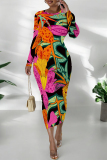 Dark Blue Floral Print O Neck Long Sleeve Casual Outing Vacation Bodycon Maxi Dresses