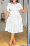 White O Neck Short Sleeve A Line Casual Outing Vacation Loose Plus Size Pleated T Shirt Midi Dress